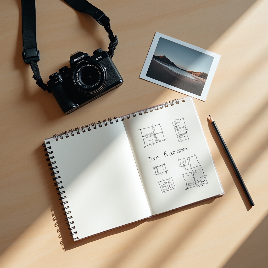 Flat lay of a camera, lens, notebook, and pencil arranged neatly on a light wooden surface
