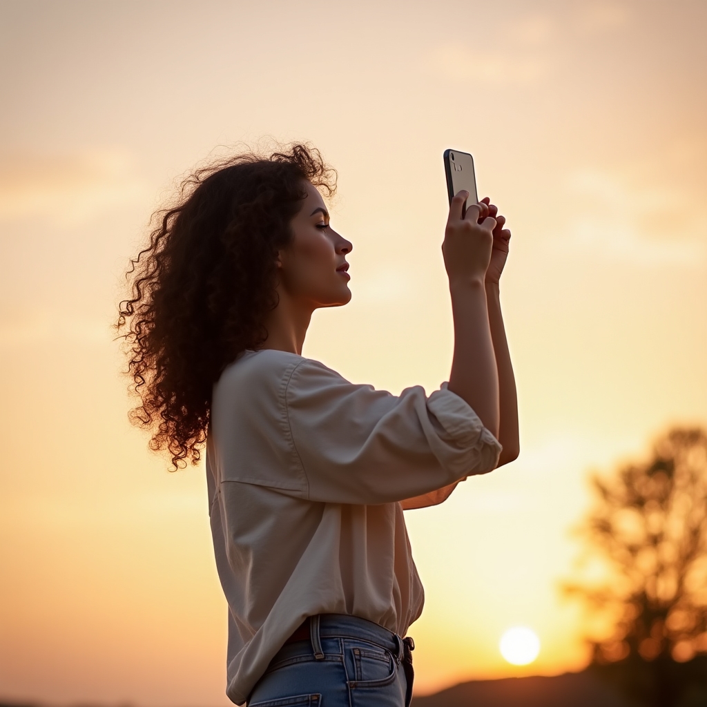 A person holding a smartphone up to photograph a warm, golden hour scene outdoors