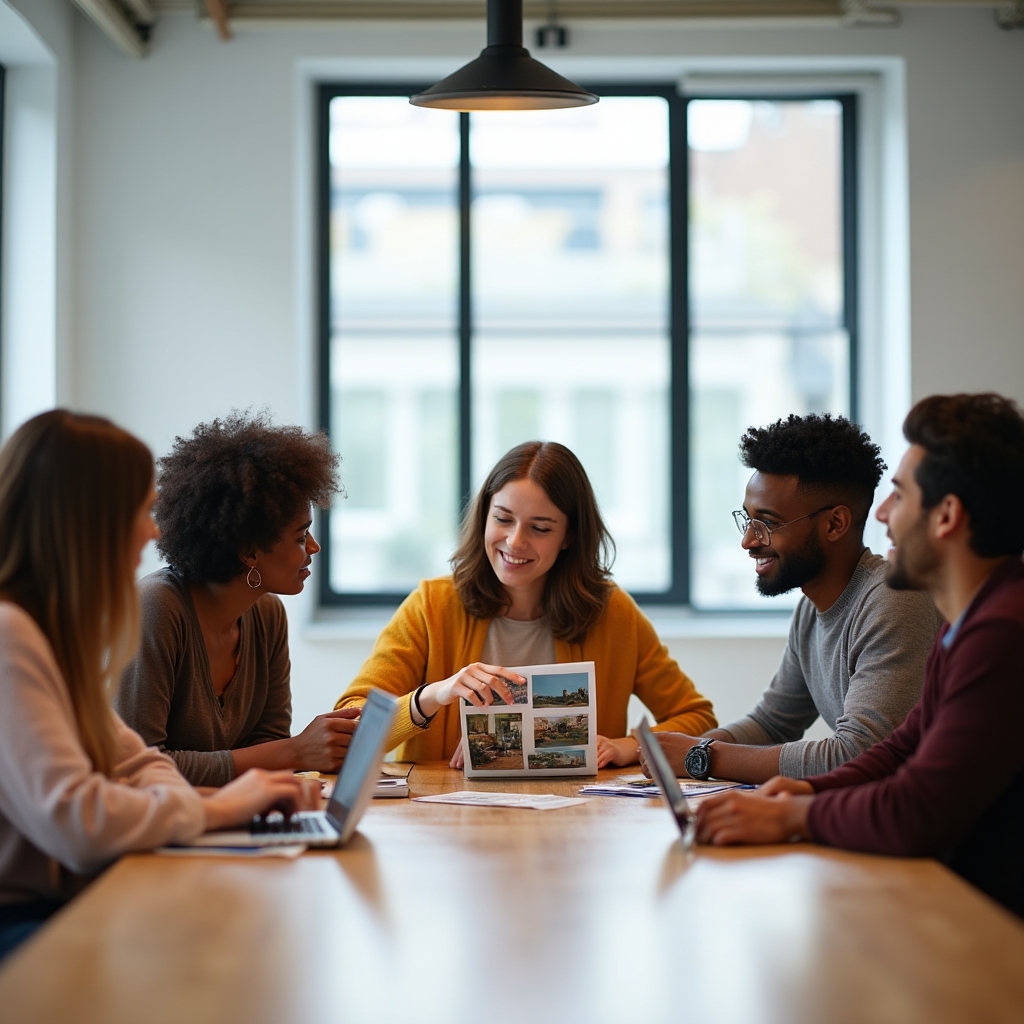 A small group seated around a table reviewing photography assignments together in a bright shared workspace