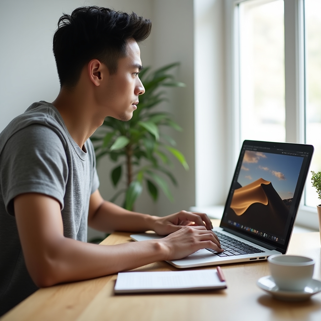 A young man editing a photo on a laptop at a wooden desk near a window